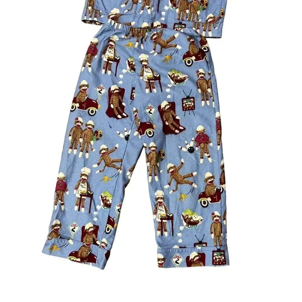 Nick & Nora Sock Monkey Flannel Pajamas PJ Set Long Sleeve Pants Blue Kids Small